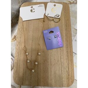 Claires Gold Tone Faux Pearl‎ Layered Necklace Hoop & Stud Earrings Set NEW